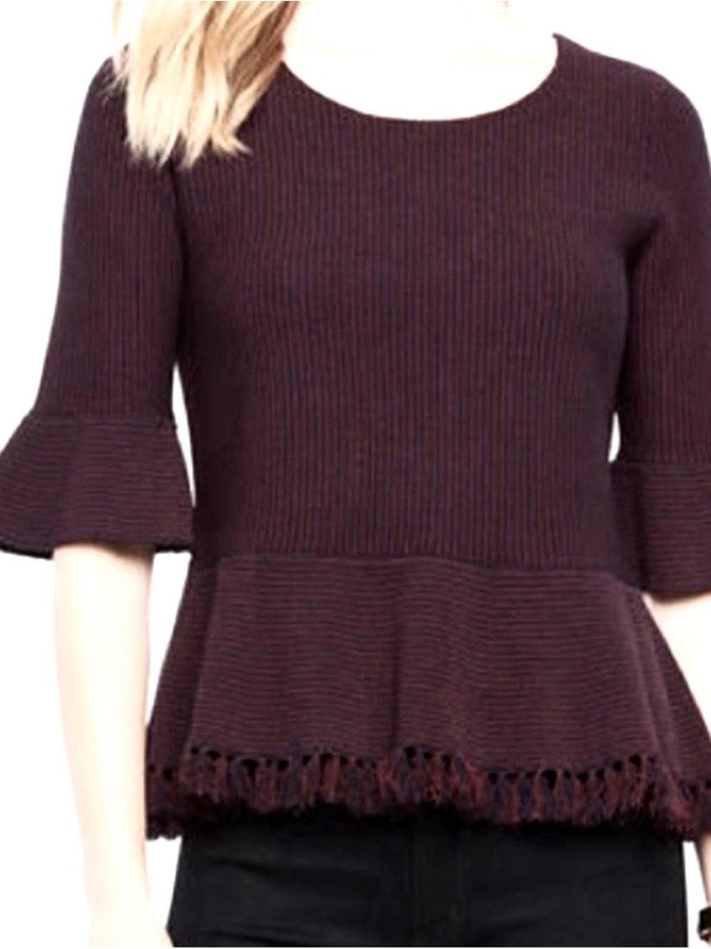 Ann Taylor Burgundy Ribbed Peplum Top with Fringe Hem / M